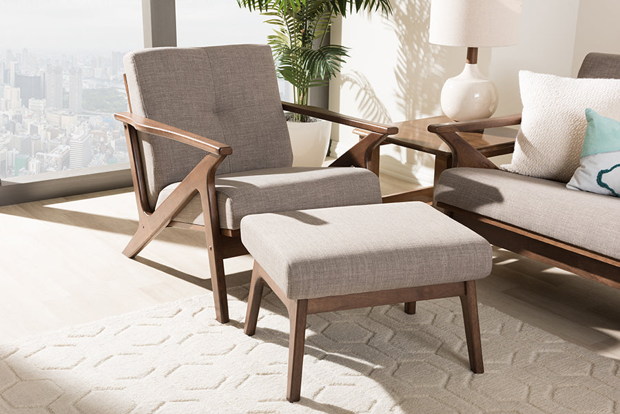Baxton Studio Bianca Midcentury Modern Walnut Wood Light Grey Fabric Tufted Lounge Chair And Ottoman Set