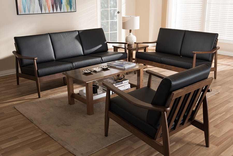Baxton Studio Venza Midcentury Modern Walnut Wood Black Faux Leather 3Piece Livingroom Set