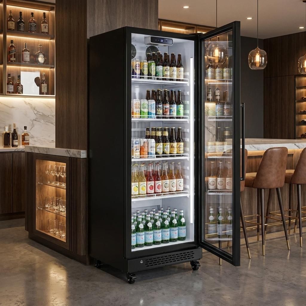 69 Inch X 23 Inch Clear and Black Metal Single Compartment Can Beverage Refrigerator