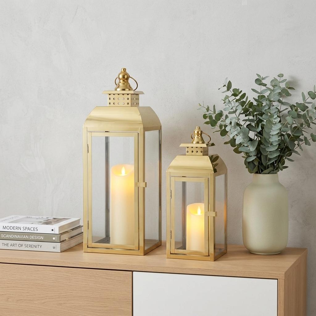 Set of Two Clear And Gold Glass And Metal Tabletop Lantern Candle Holders