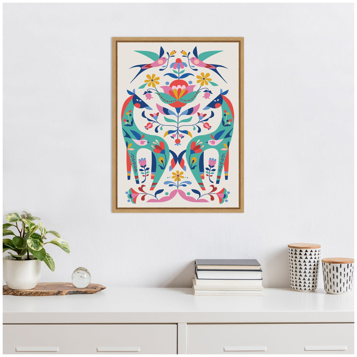 Sylvie Folk-Art Horses and Birds Framed Canvas by Rachel Lee