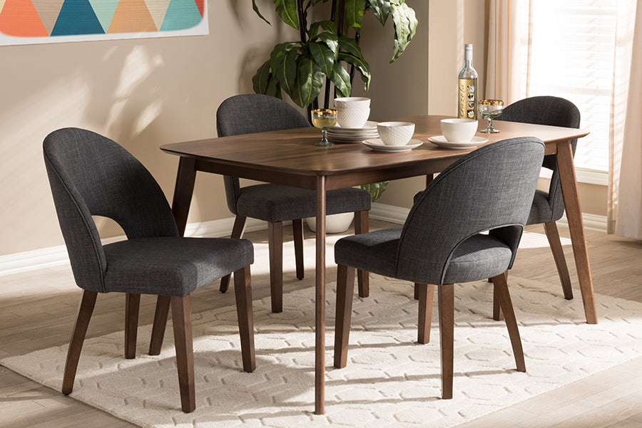 Baxton Studio Wesley Midcentury Modern Dark Grey Fabric Upholstered Walnut Finished Wood 5Piece Dining Set