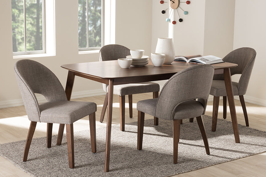 Baxton Studio Wesley Midcentury Modern Light Grey Fabric Upholstered Walnut Finished Wood 5Piece Dining Set