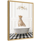 Sylvie Cheetah in Gray Bathtub on Checker Floor Framed Canvas by Amy Peterson