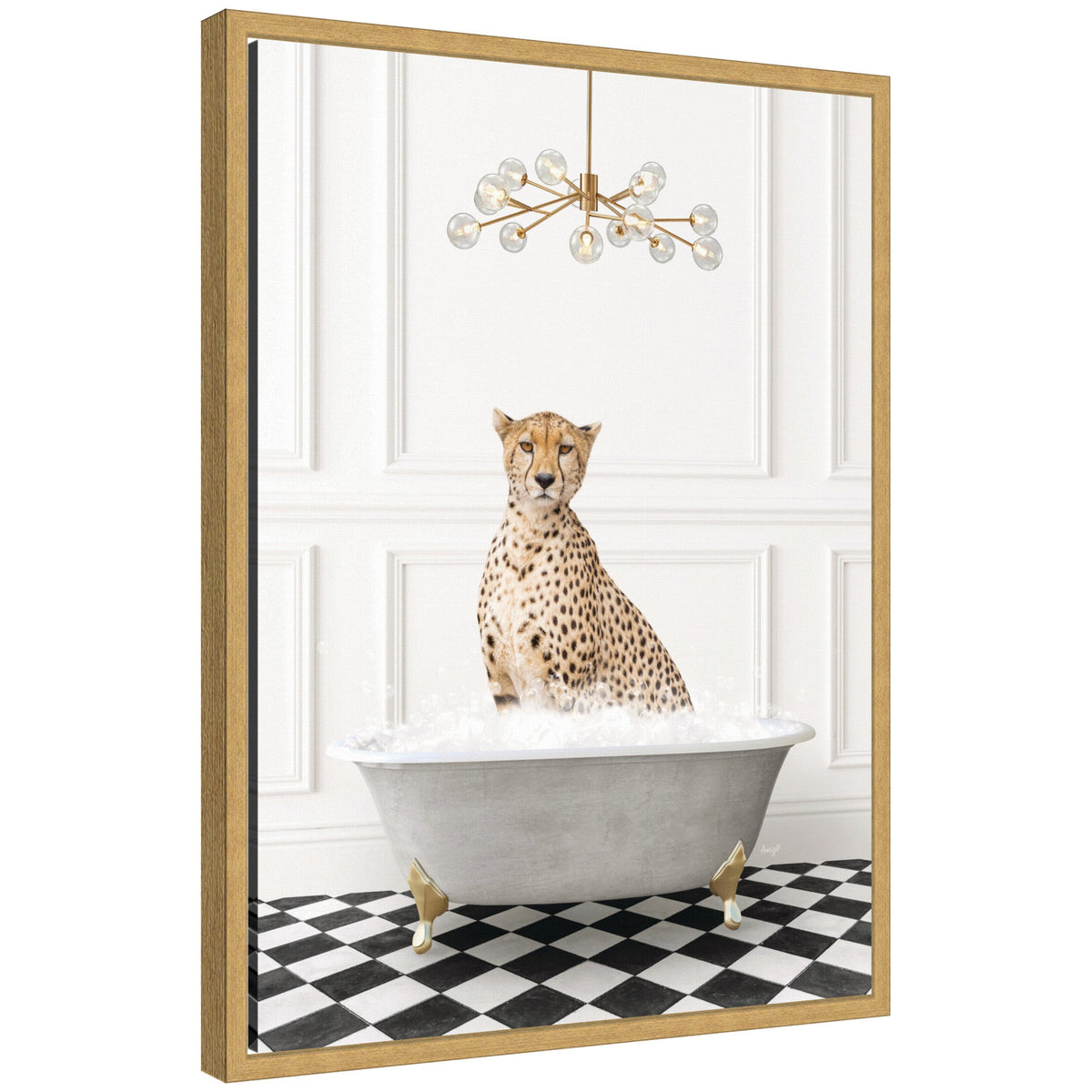 Sylvie Cheetah in Gray Bathtub on Checker Floor Framed Canvas by Amy Peterson