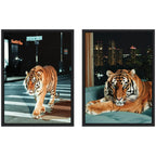 Sylvie Tiger in the City at Night Framed Canvas Art Set by Michael Schauer