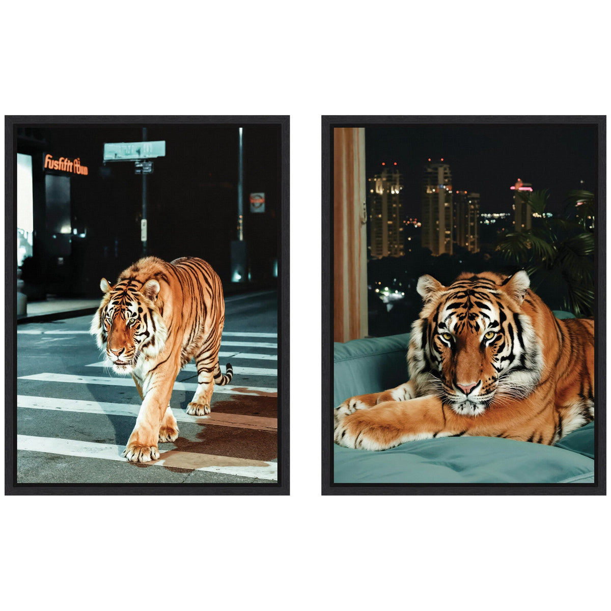 Sylvie Tiger in the City at Night Framed Canvas Art Set by Michael Schauer