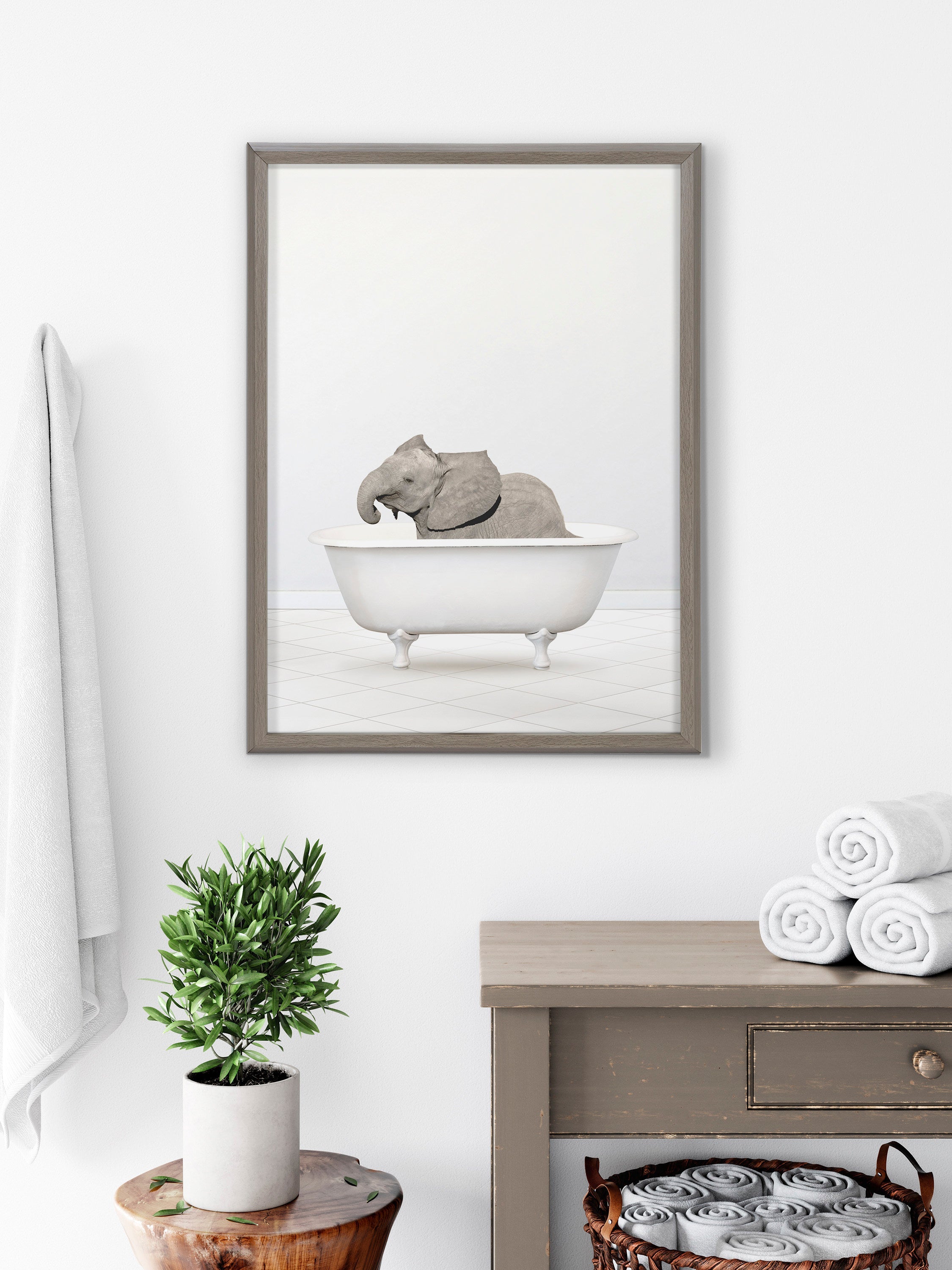 Blake Baby Elephant Solo Bathtub Framed Printed Glass by Amy Peterson