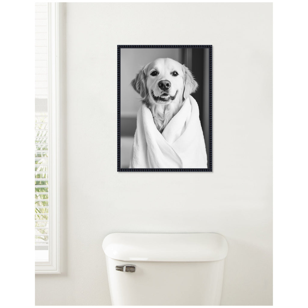 Sylvie Golden Retriever Bathroom Towel Robe Black and White Framed Canvas by The Creative Bunch Studio