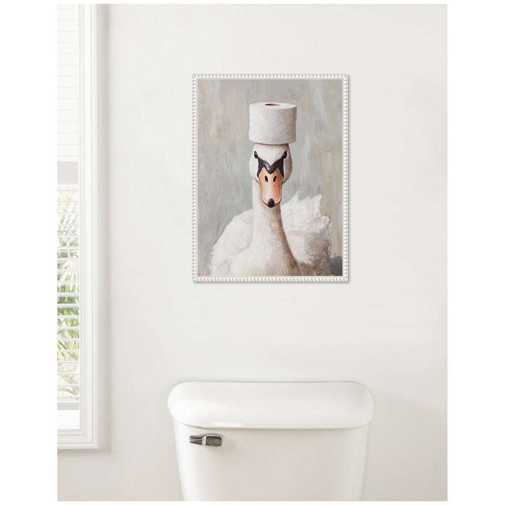 Sylvie Toilet Paper Roll on White Swans Head Bathroom Art Framed Canvas by The Creative Bunch Studio