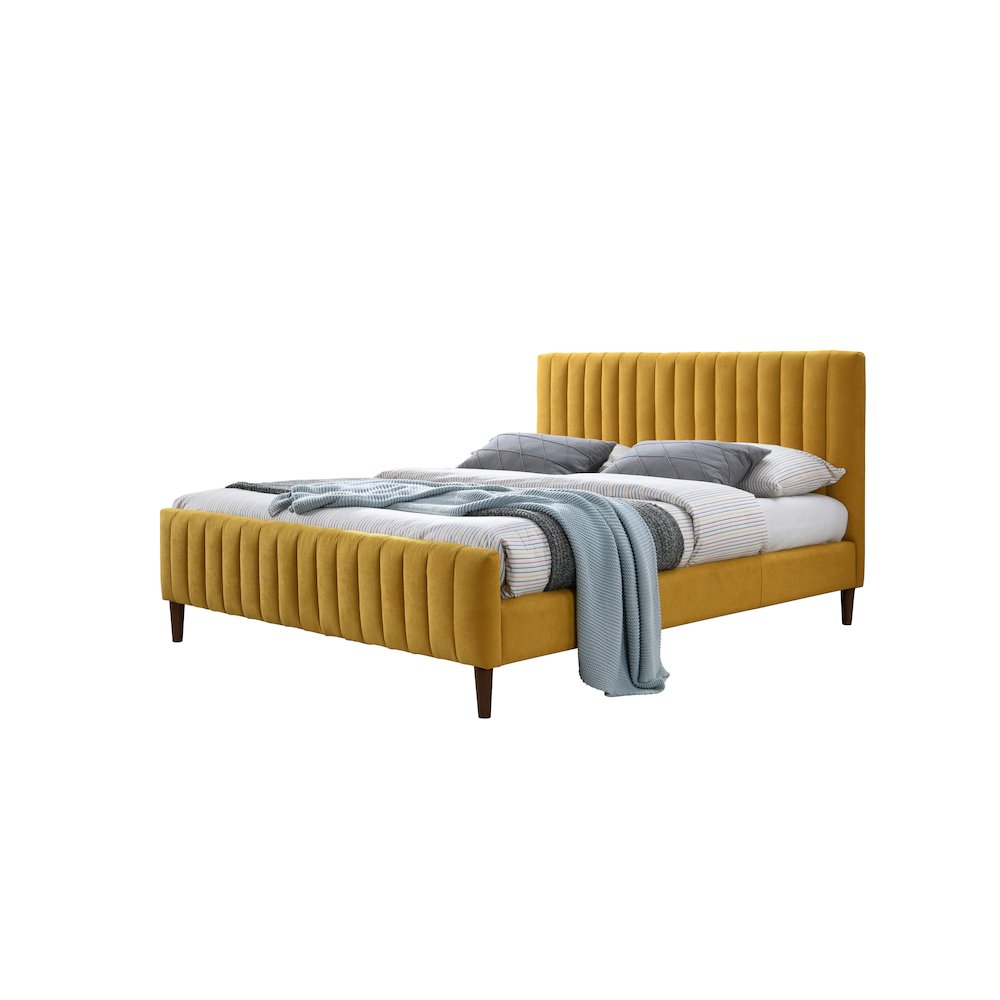 Spencer Wood/Fabric Upholstered Queen Platform Bed in Mustard Yellow
