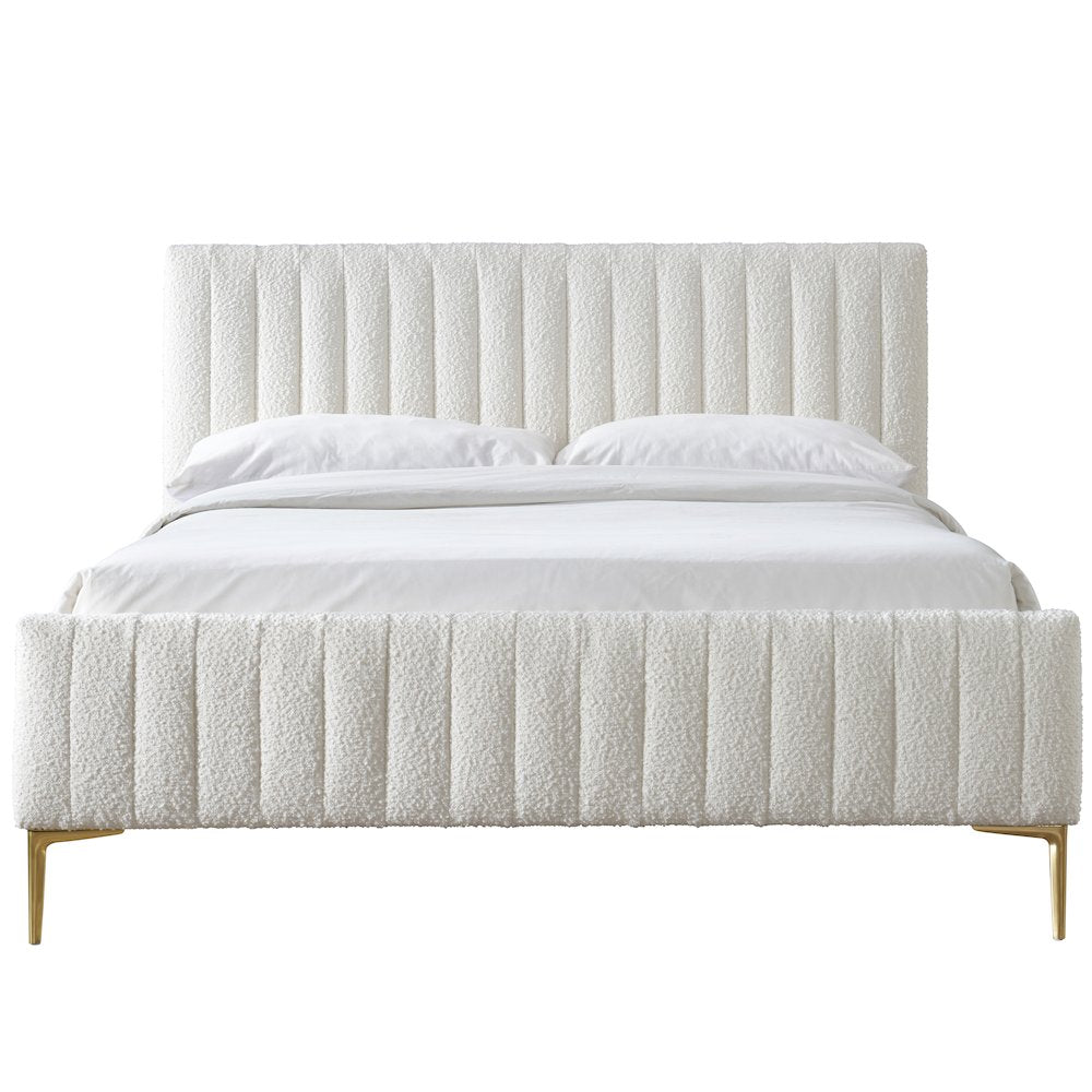 Julia Wood and Fabric Upholstered Queen Platform Bed in White Boucle
