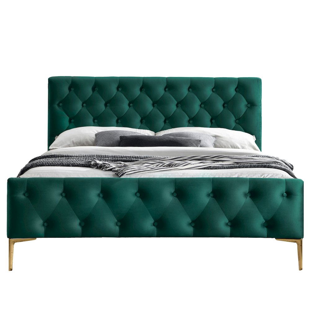 France Wood and Fabric Upholstered Queen Platform Bed in Green