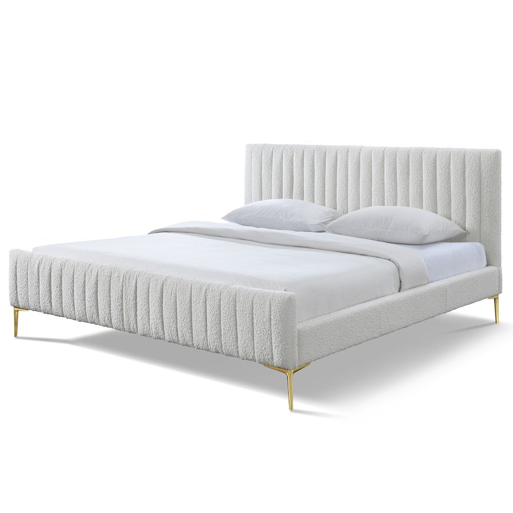 Julia Upholstered Modern Fabric King Platform Bed in White Boucle