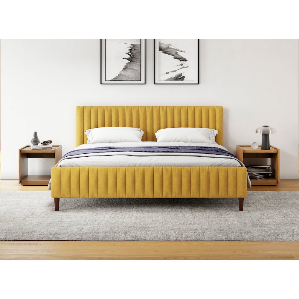 Spencer Wood/Fabric Upholstered King Platform Bed in Mustard