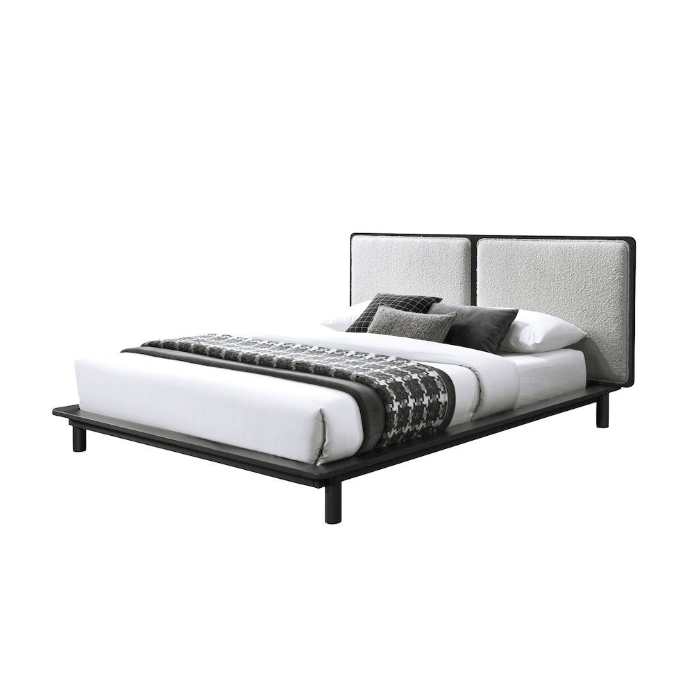 Nord Queen Size Wood Platform Bed in Black and Cream Beige Boucle