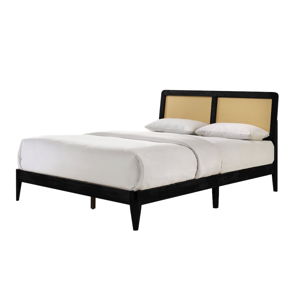 Liam Wooden Queen size Platform Bed with Rattan Headboard in Black