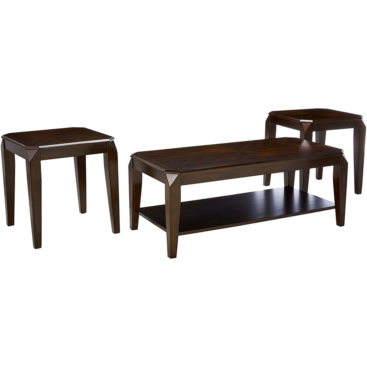Docila 3Piece Coffee/End Table Set In Walnut Finish  Timeless Elegance, Sleek Surface, Clean Lines  Rectangular Coffee Table