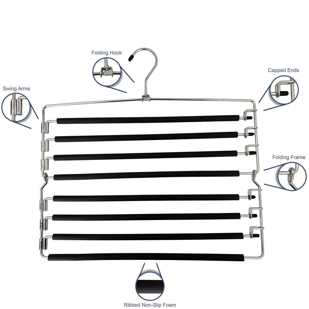 8-Tier Foldable Trouser Hanger, Removable Padded Bars, 8-Pair Capacity, Chrome Finish