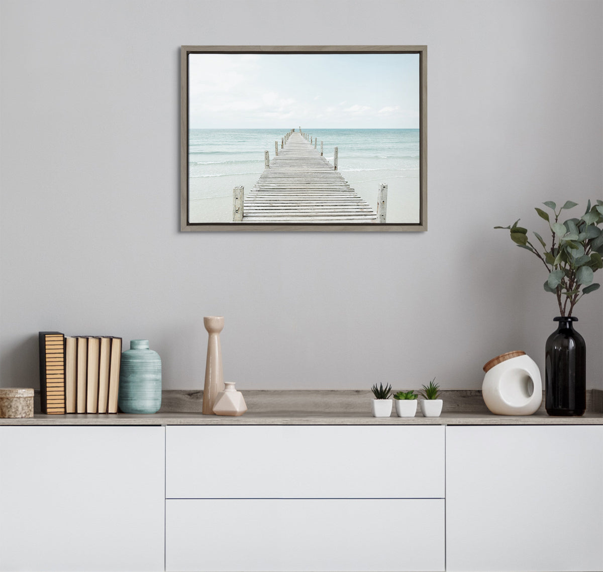 Sylvie Wooden Pier on Beach Framed Canvas by Amy Peterson Art Studio