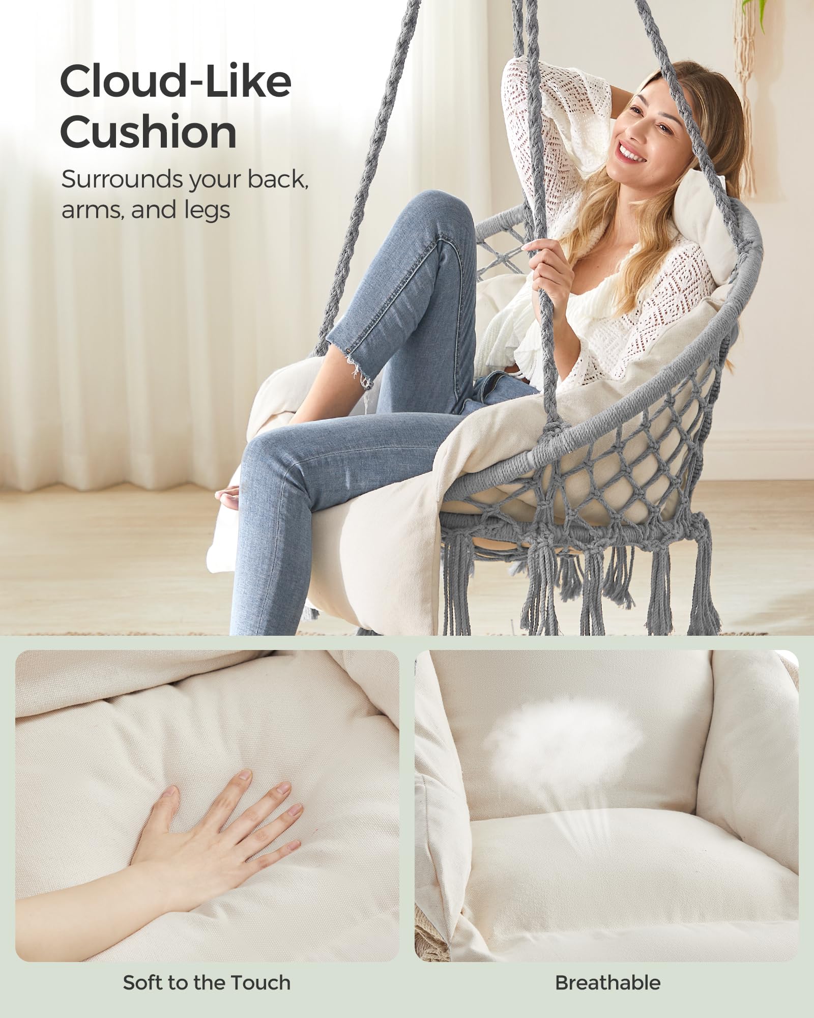 Songmics Hanging Chair, Hammock Chair With Large, Thick Cushion, Boho Swing Chair For Bedroom, Patio, Balcony, Garden, Holds Up To 264 Lb, Accessories Included, Dove Gray And Cream White Ugdc042M11