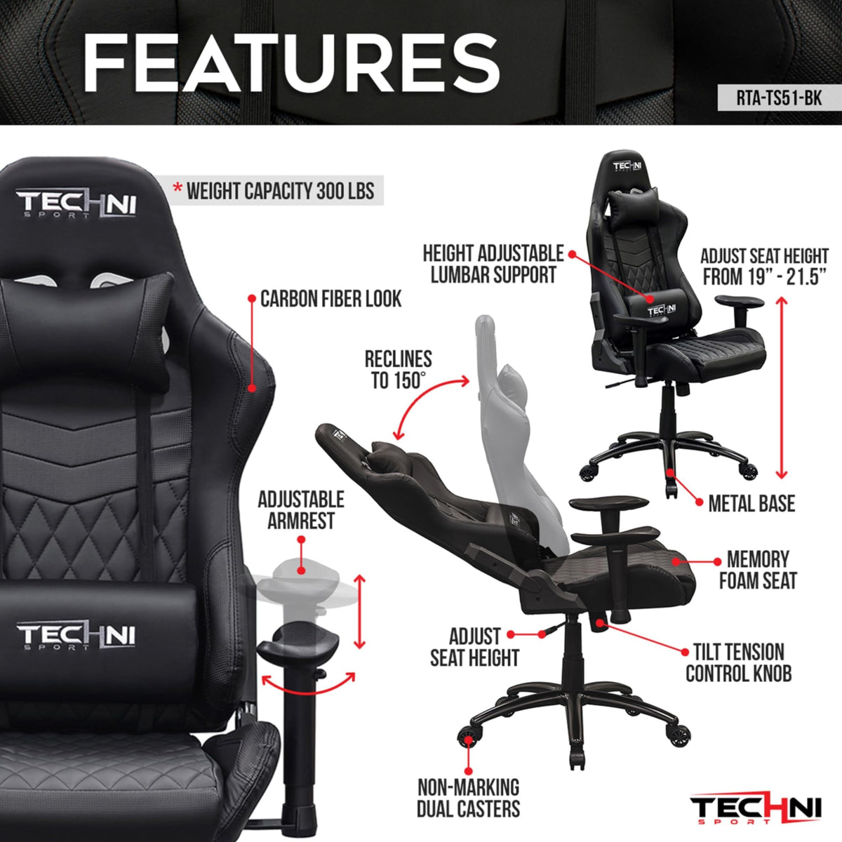 Techni Sport Gaming Chair with 150° Recline, Height Adjustable Lumbar Support, Memory Foam Seat, Adjustable Armrests, Carbon Fiber Look, and 300 Lb Weight Capacity – Ergonomic Gaming Chair