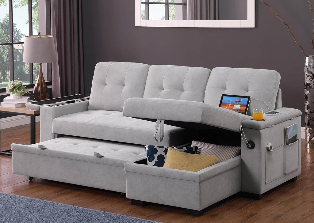 84W Gray Woven Fabric Reversible Sleeper Sectional Sofa