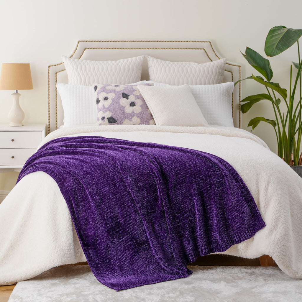 BATTILO HOME Chenille Knitted Throw Blanket, 51"x67", Super Soft Dark Purple, Cozy Decorative Blanket for Couch & Bed
