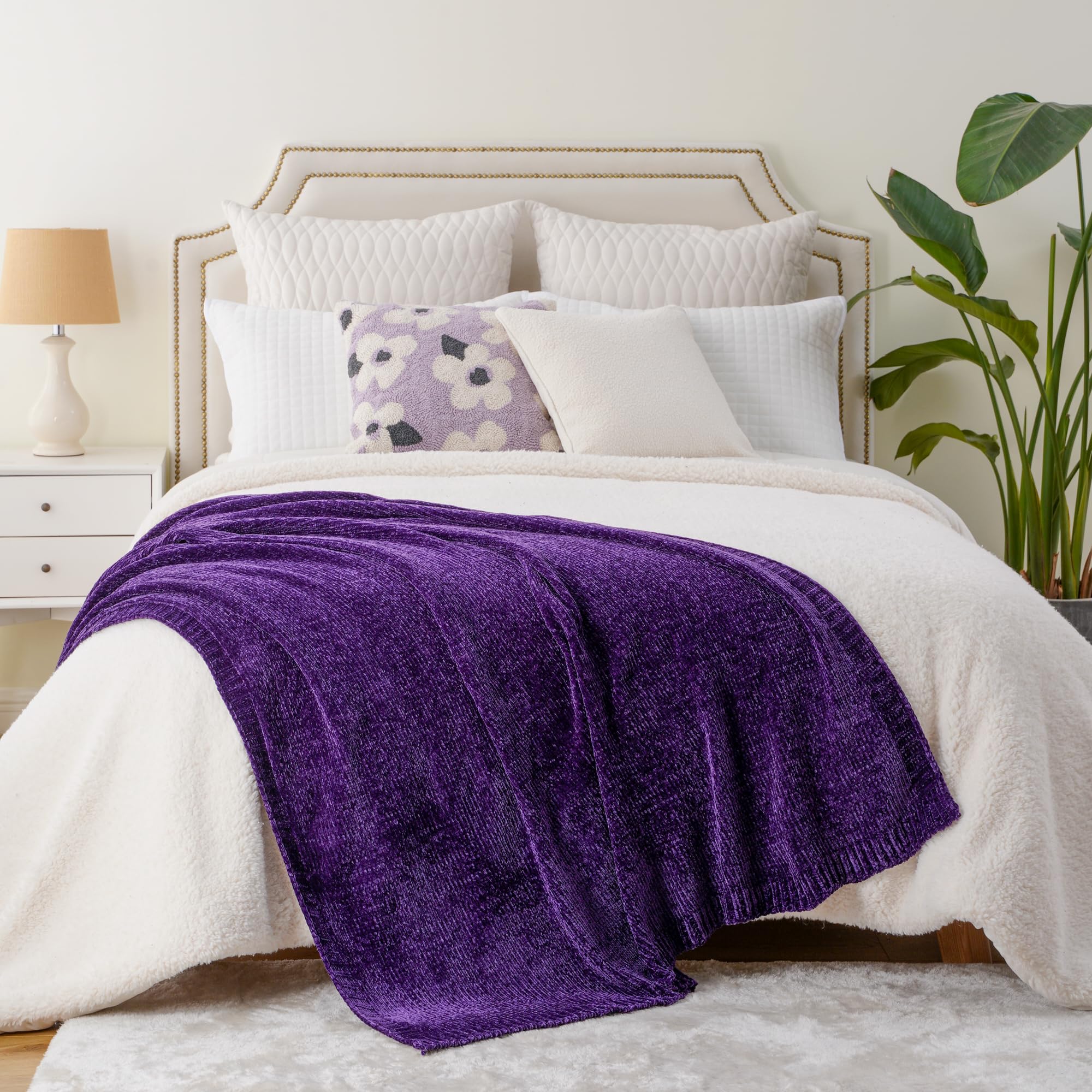 BATTILO HOME Chenille Knitted Throw Blanket, 51"x67", Super Soft Dark Purple, Cozy Decorative Blanket for Couch & Bed