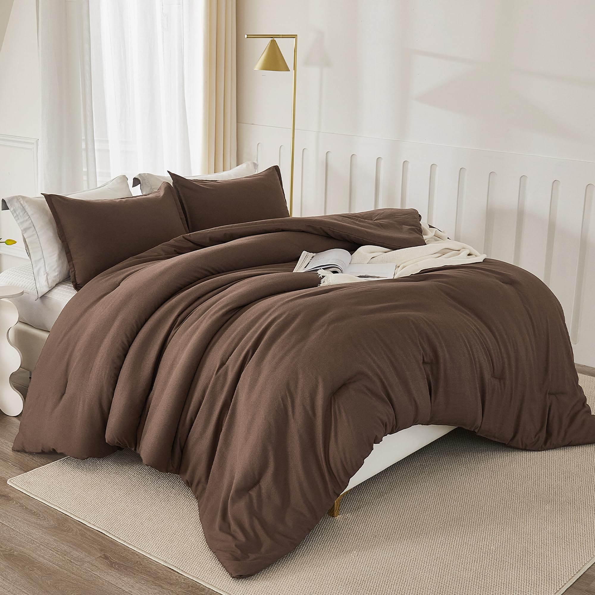 Litanika Brown Comforter Set California King Size, 3 Pieces Cal King Lightweight Solid Bedding Comforter Set, All Season Fluffy