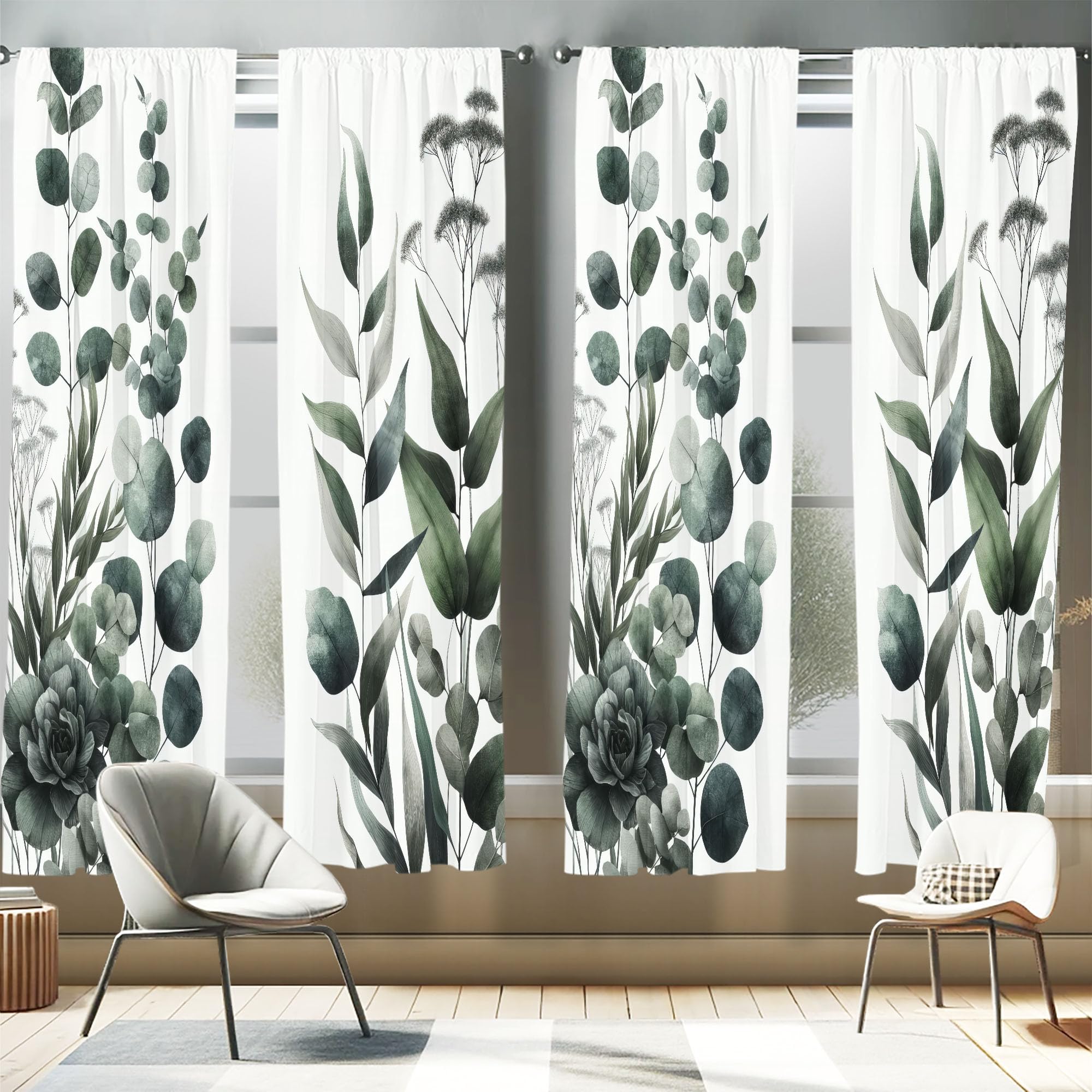 Ambesonne Dark Green Window Curtains Pack of 2, Minimal Modern Botanical Composition with Succulents Eucalyptus Branches, Lightw