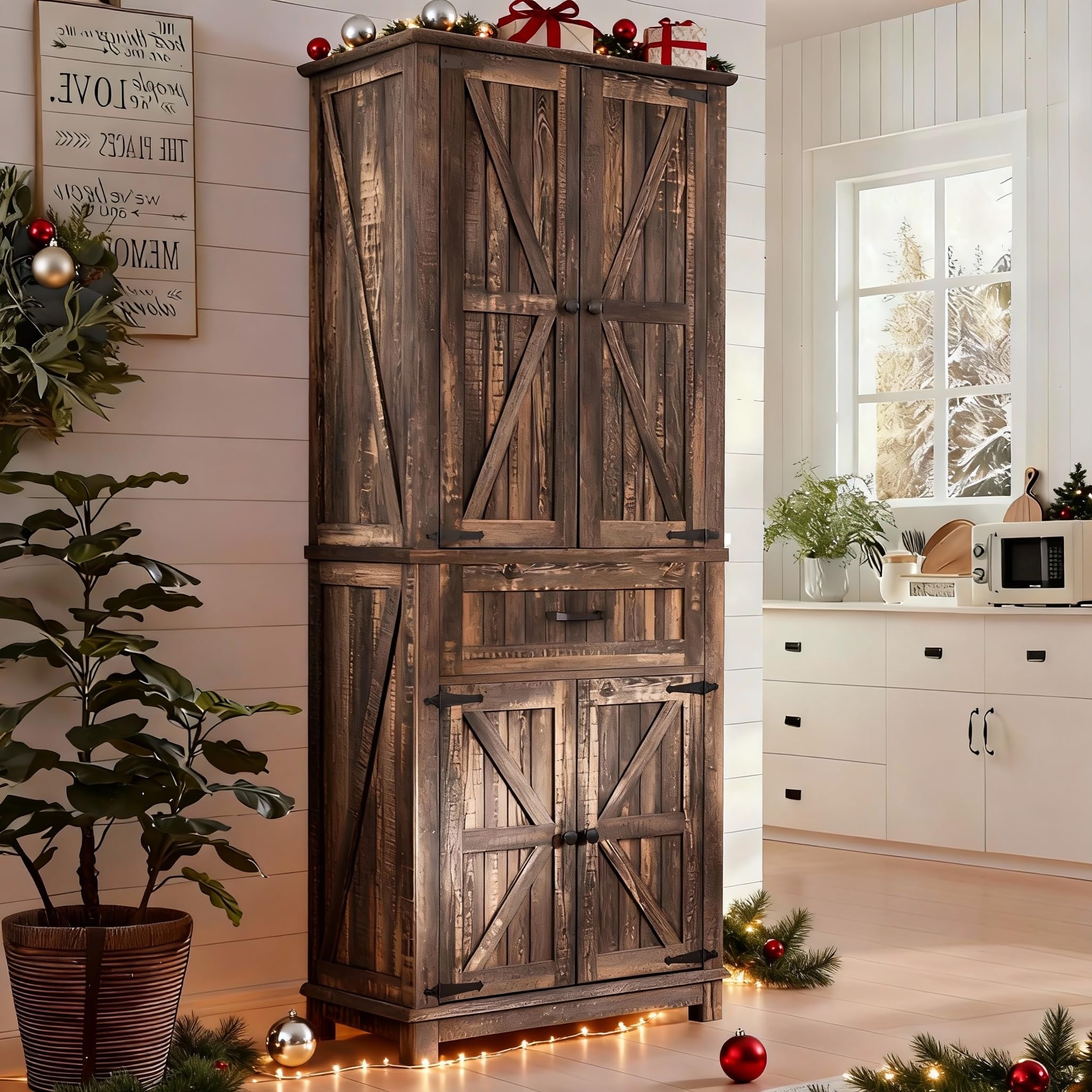 YITAHOME 72.6 H Farmhouse Kitchen Pantry Cabinet, Freestanding Tall Storage Cabinet with 4 Doors, Drawer and Adjustable Shelves,