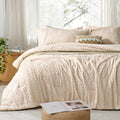 Jameswish 7 Pieces Tufted Boho Comforter Set Khaki Farmhouse Shabby Chic Embroidered Bedding For All Seasons King Size With Comf