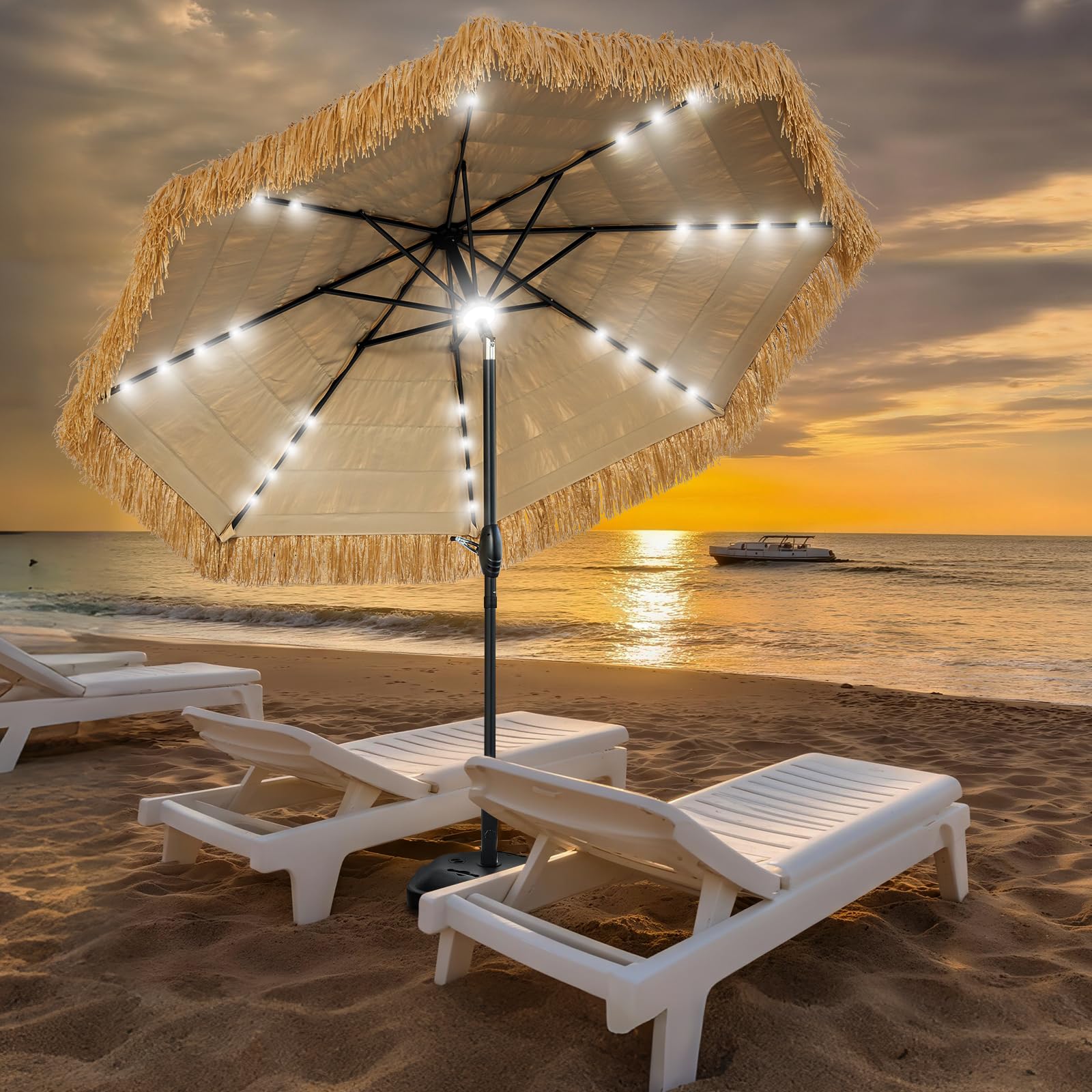 CBFULLRES 9 FT Solar Thatch Tiki Umbrella, Hawaiian Style Straw Umbrellas with Zinc Alloy Push Button Tilt, UPF 50+ Patio Umbrel