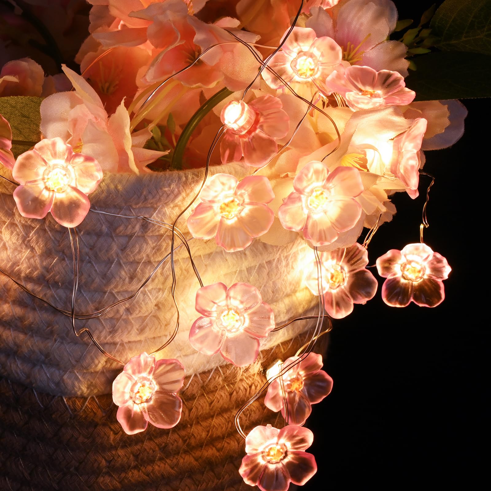 Sunm Boutique 4 Pcs Total 23.6 Ft Artificial Cherry Blossom Flowers, Faux Lighted Cherry Blossom Garlands, Fake Cherry Blossom H