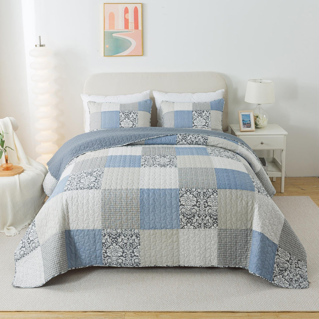 Slpr Sweet Dreams Cotton Quilt Set - King Size With 2 Shams, Pieced Patchwork Bedding In Blue And Gray, Country Style Farmhouse