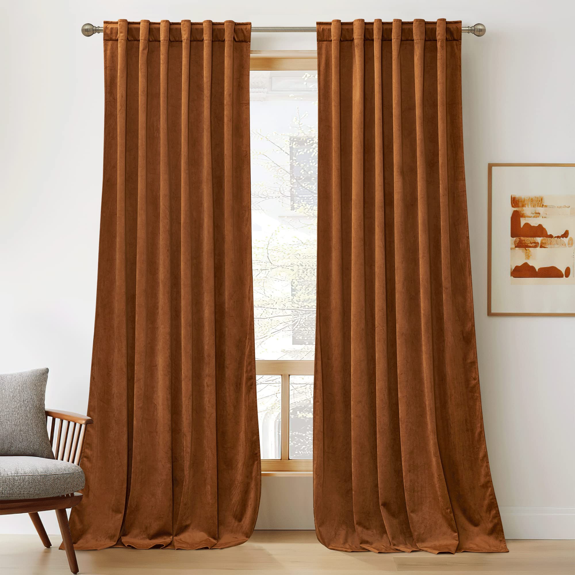 Ryb Home Plush Velvet Curtains, Heavy Duty Back Tab Decorative Window Drapes Privacy Room Darkening Covering For Living Room Playroom, Golden Oak, W52 X L90 Inches, Set Of 2 Panels