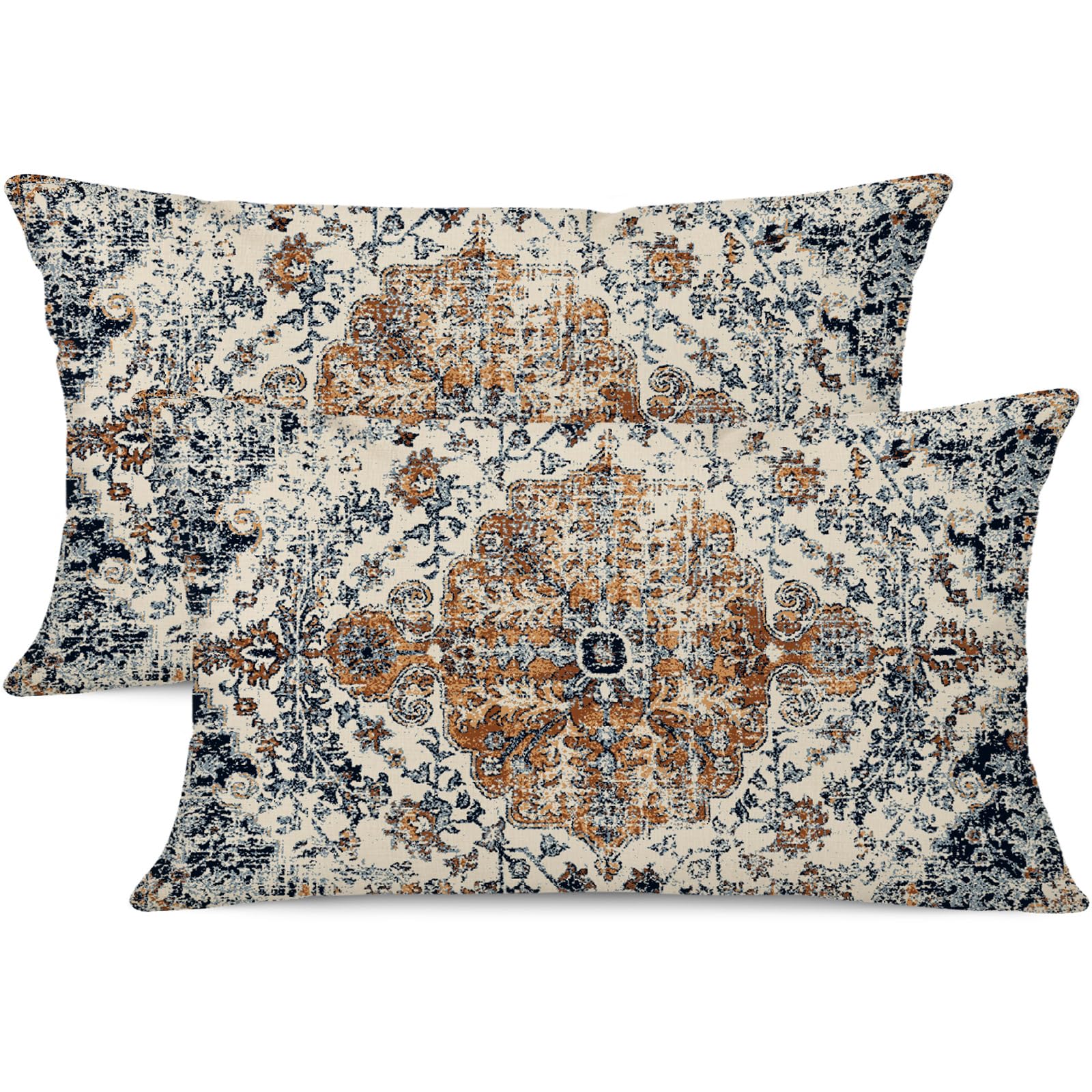 Gujiahone Outdoor Waterproof Pillow Covers 12X20 Inch Set Of 2 Bohemian Vintage Carpet Pattern Pillow Covers Gold Blue Ethnic De