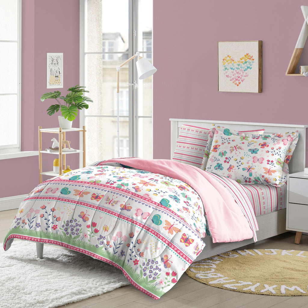 Dream Factory Kids 7-Piece Complete Bed Set Easy-Wash Super Soft Microfiber Comforter Bedding, Full, Pink Butterfly Garden