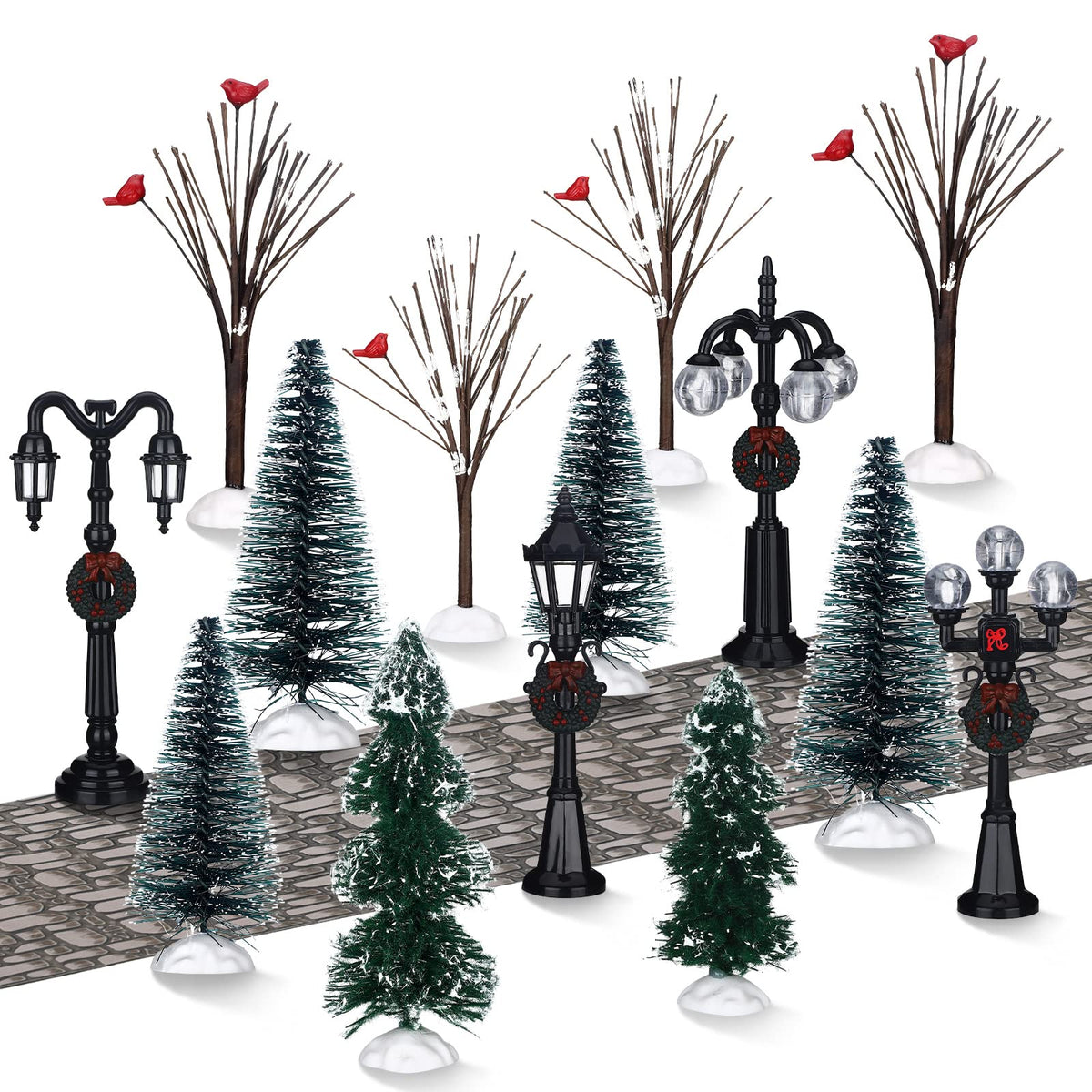 Aoriher 15 Pcs Christmas Figurine Village Accessories Miniature Pine Trees Snow Artificial Christmas Trees Cardinal Bare Branch 
