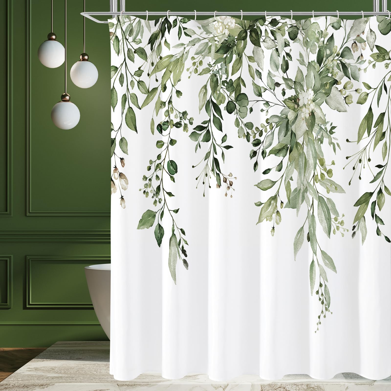 Gibelle Extra Long Shower Curtain 72 x 84, Tall Olive Green Floral Shower Curtain for Bathroom, Watercolor Plant Eucalyptus Leav