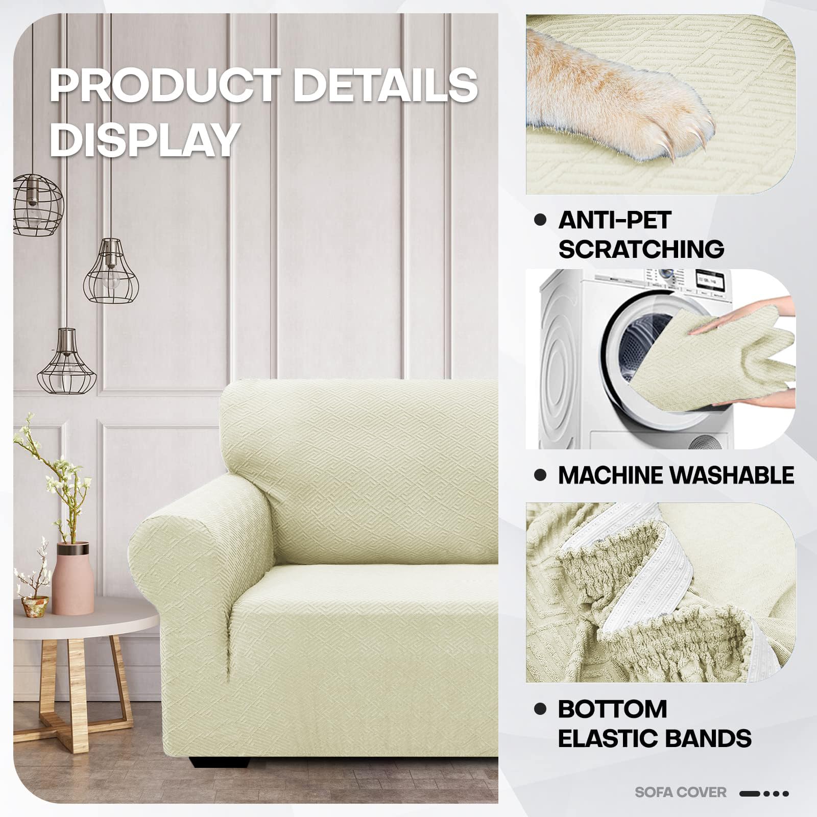 Znsayotx 1 Piece Jacquard Couch Covers For 3 Cushion Couch Living Room High Stretch Sofa Cover Pets Dogs Friendly Anti Slip Thickened Slipcovers Furniture Protector (Large,New Pattern Light Beige)
