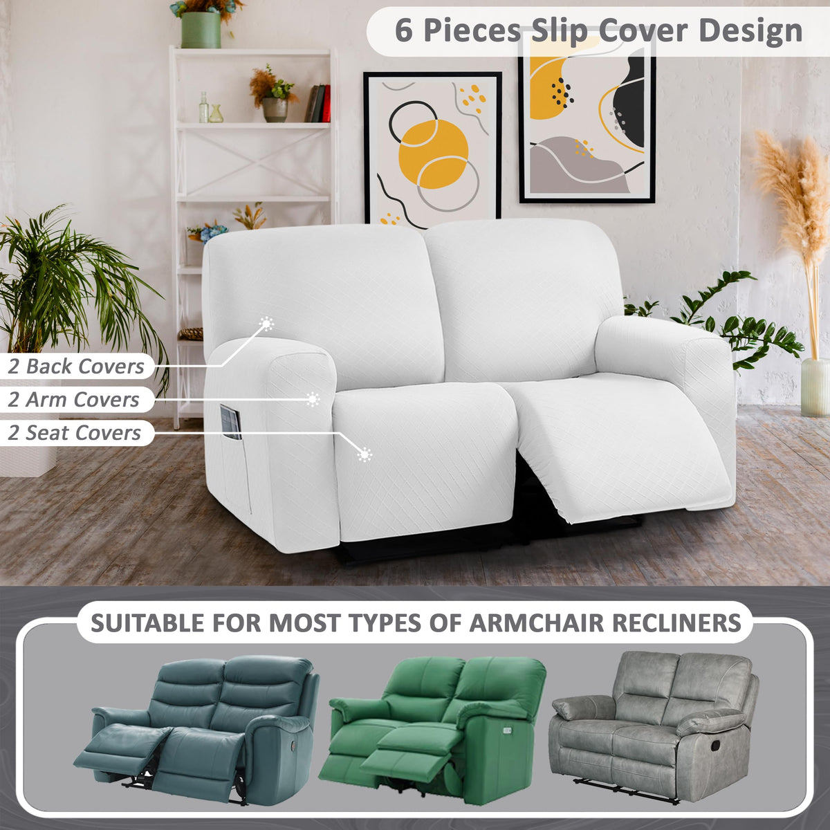 Ulticor Jacquard Loveseat Recliner Slipcover, 6-Piece, 48-65'' L, Washable, White