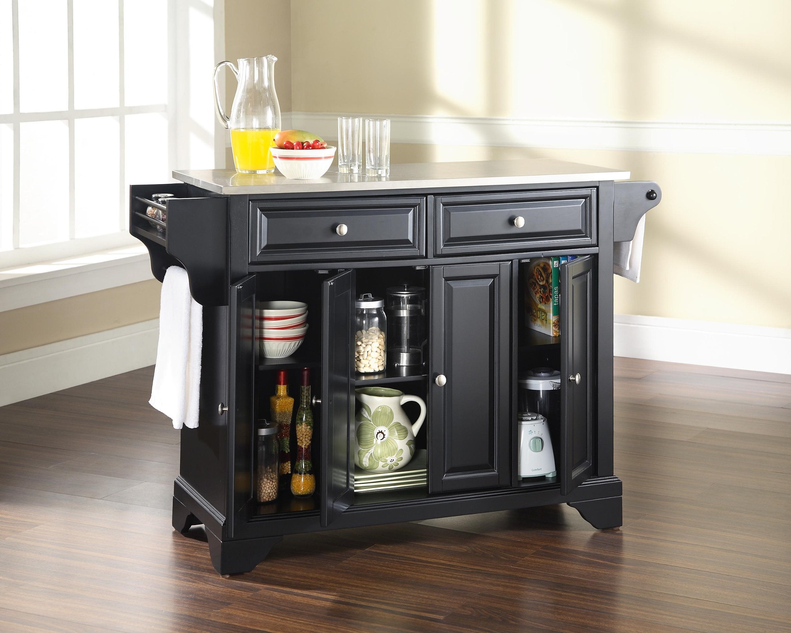 Crosley Furniture Lafayette Stainless Steel Top Rolling Kitchen Island Storage Cart, Spice Rack, Black