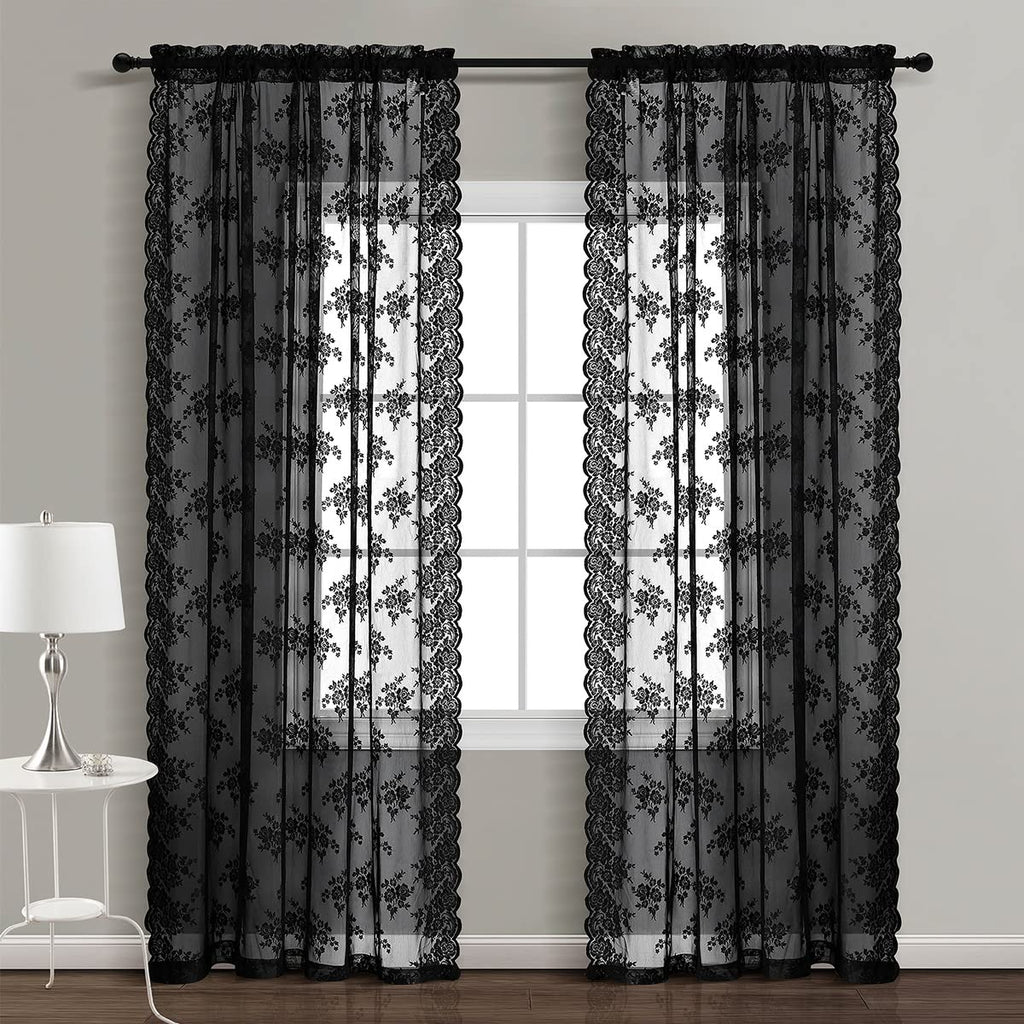 Kotile Black Lace Curtains 80 Inches Long 2 Panels Set, Farmhouse Rustic Floral Gothic Lace Curtains For Living Room, Rod Pocket