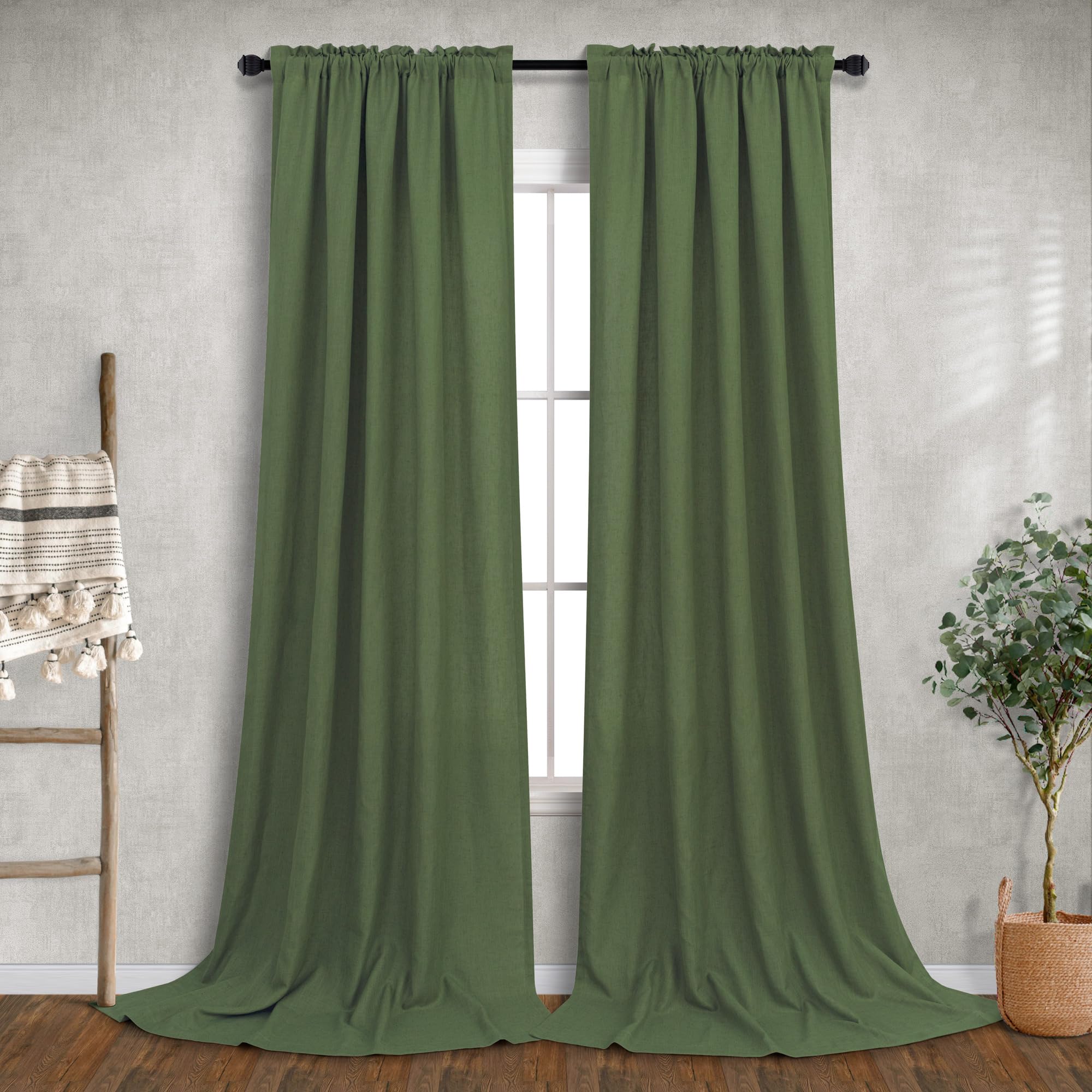 Extra Long Olive Green Linen Curtains 108 Inches Long For Large Window 2 Panels Modern Elegant Pretty Drapes Light Filtering Sheer Emerald Loden Green Curtains For Living Room Dining Bedroom 9 Ft Tall