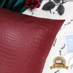 Brawarm Faux Leather Pillow Covers 16 X 16 Inches, Deep Red Leather Pillow Covers Pack Of 2, Crocodile Leather Decorative Throw