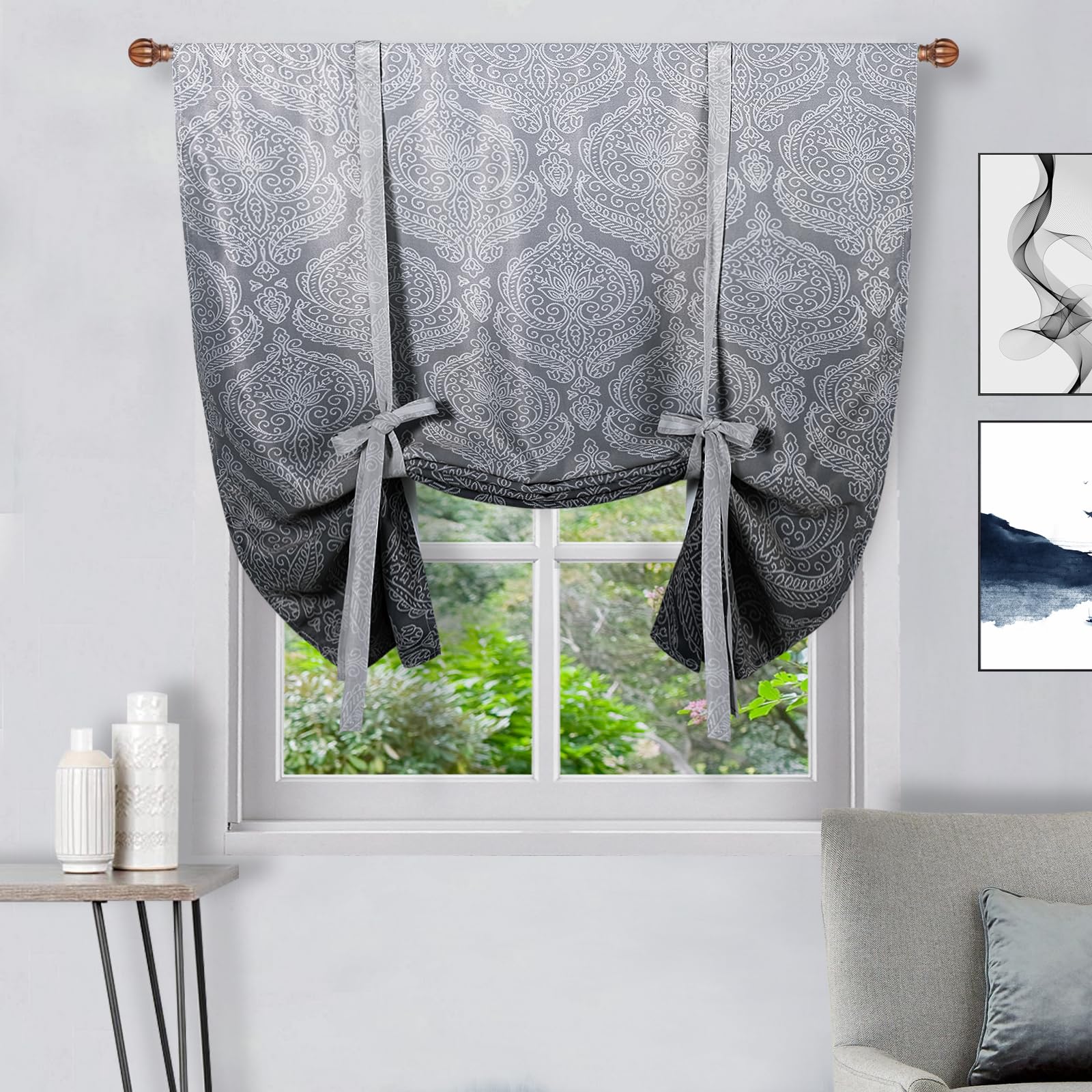 DWCN Ombre Blackout Curtains-Damask Patterned Tie Up Shade for Window Thermal Insulated Room Darkening Rod Pocket Curtains for K
