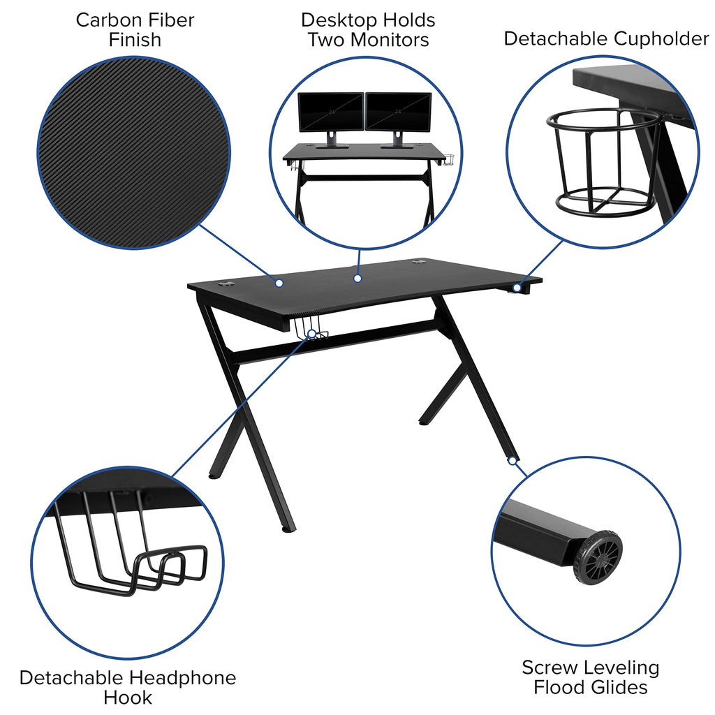 Flash Furniture Black Gaming Desk With Cup Holder/Headphone Hook/2 Wire Management Holes & Red Reclining Back/Arms Gaming Chair With Footrest