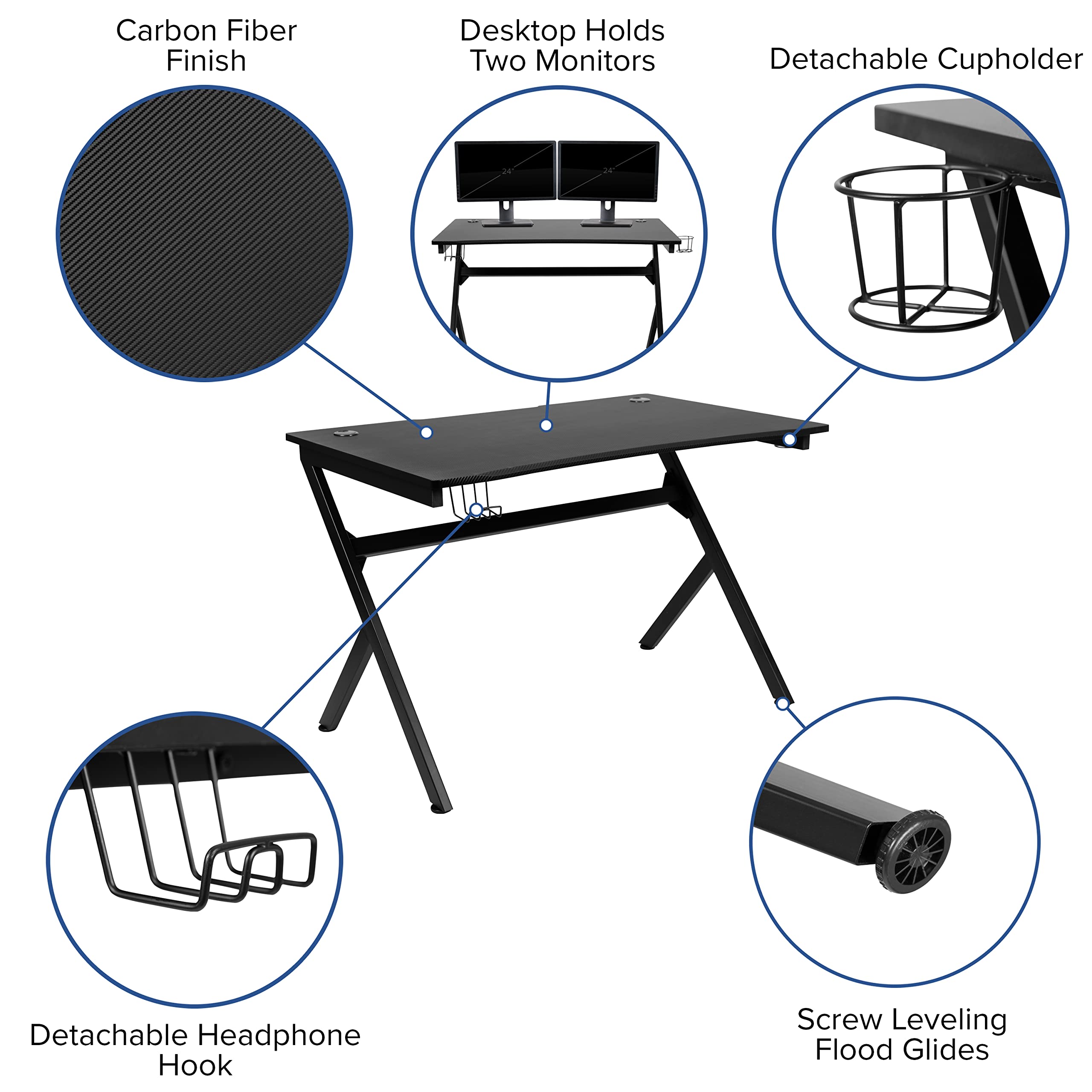 Flash Furniture Black Gaming Desk With Cup Holder/Headphone Hook/2 Wire Management Holes & Red Reclining Back/Arms Gaming Chair With Footrest